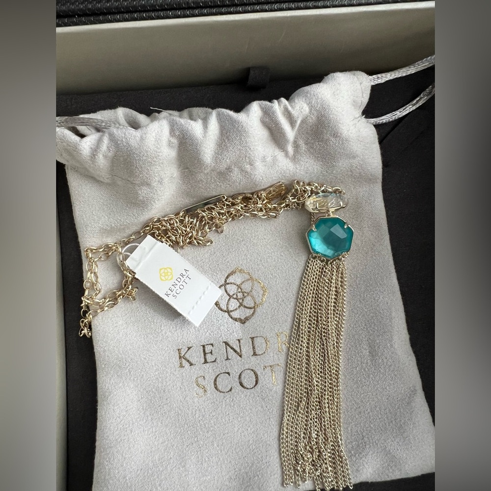 NWT Kendra Scott Tae Long Necklace Turquoise+Iridescent Stones Gold Tone Chain - Picture 3 of 8
